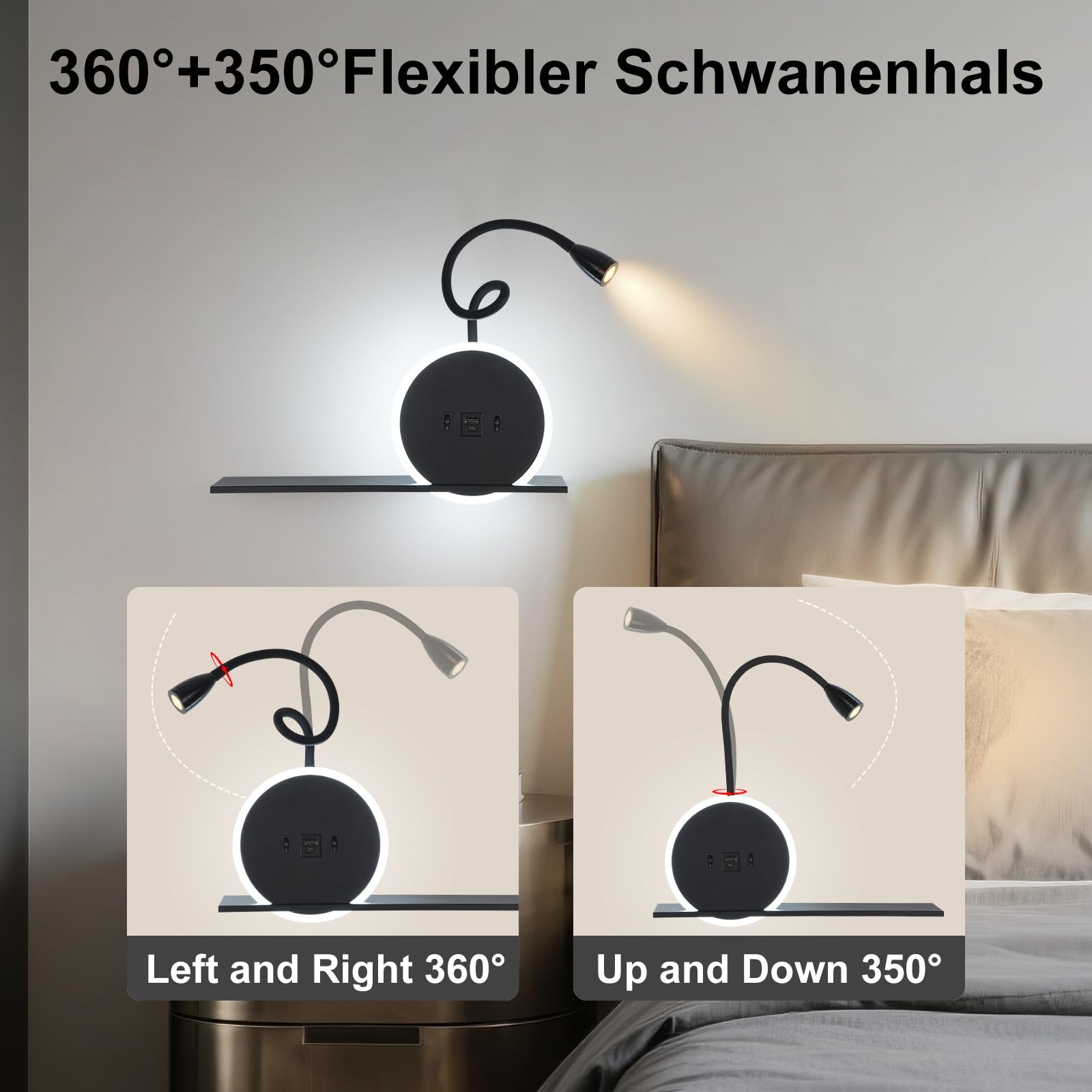 SANSHI Leselampe 2 Stück,Schwenkbar Nachttischlampe mit Schalter,Schwarz | wand Leselicht,USB + TYPE C Ladeanschluss Wandleuchte,3W 3000K + 9W 6000K Beleuchtung,Schlafzimmer Hotels Bettlampe