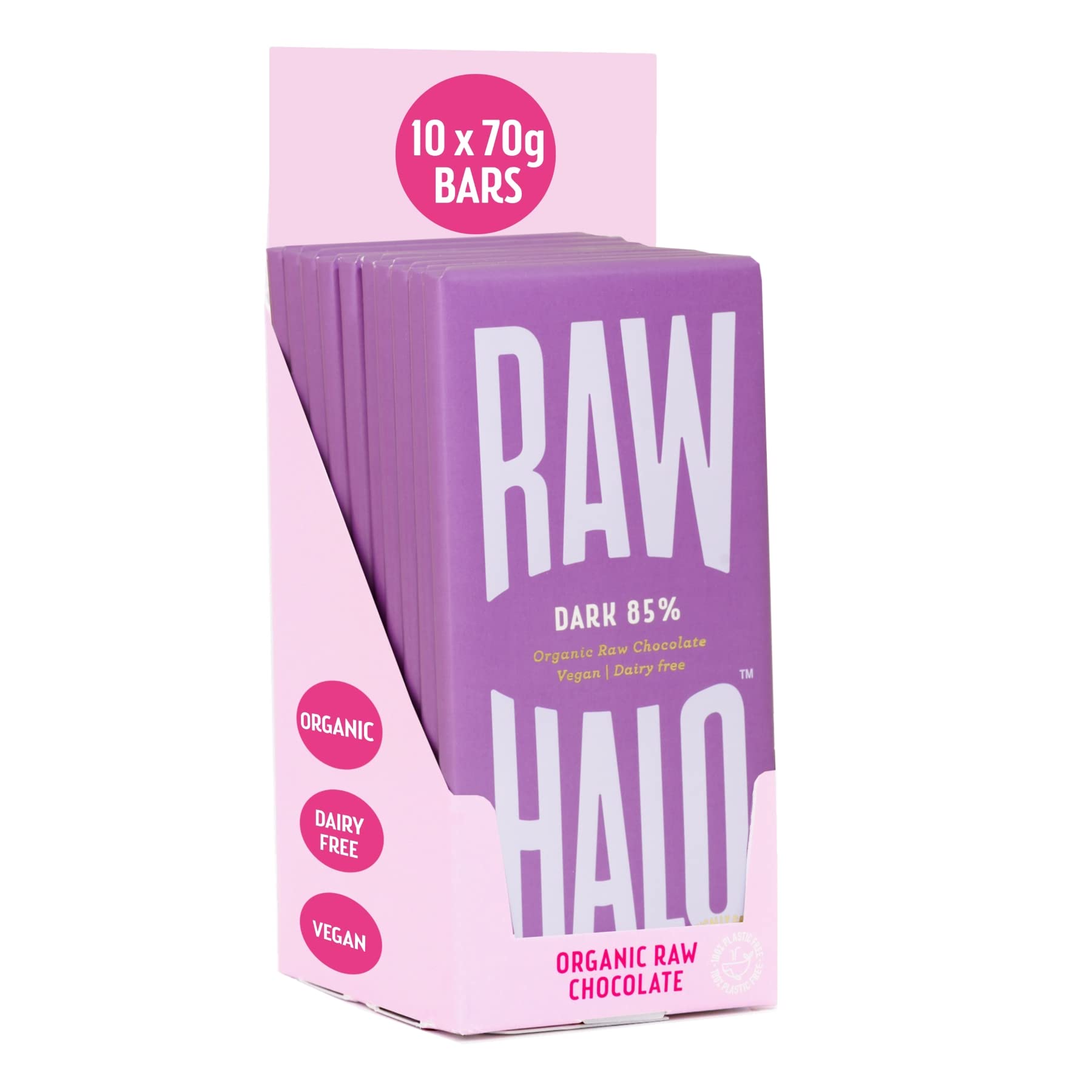 Vegan Chocolate Bar - Raw Halo - Dark Chocolate 85% - 10 x 70g Bars - Organic, Dairy & Gluten Free