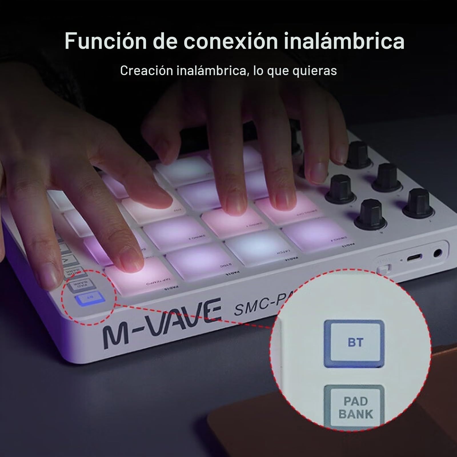 Btuty Controlador MIDI Strike Pad Retroiluminación RGB Teclado MIDI Conexión BT Baja latencia Interfaz de salida de 3,5 mm con 16 Strike Pads 8 perillas asignables Repetición de notas Pad portátil