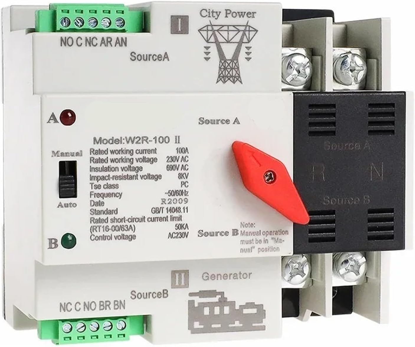 W2R ATS 2P Automatic Transfer Switch Electrical Selector Switches Dual Power Switch ATS 63A 100A 1Pcs(W2R-2P-110V,2P 63A)