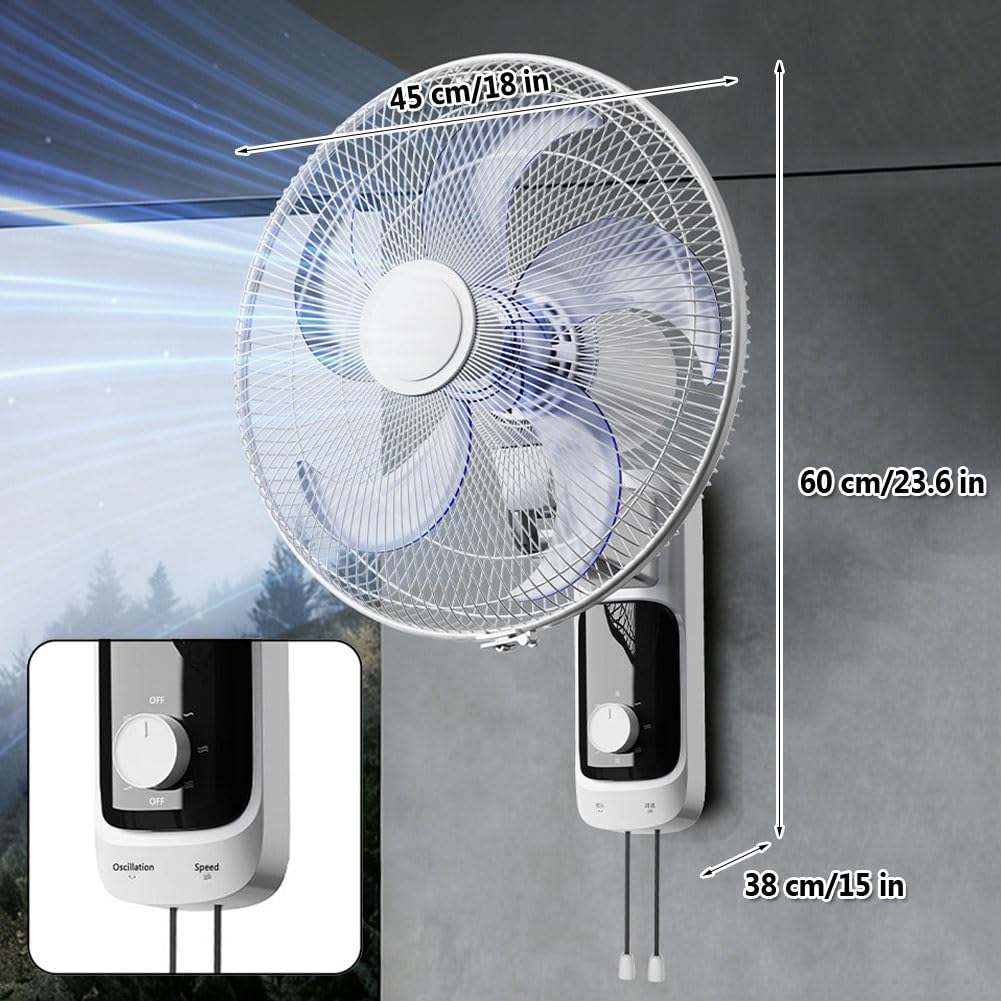 Ventilatore da Parete Oscillante da 45 cm a 3 Velocità, 50 W