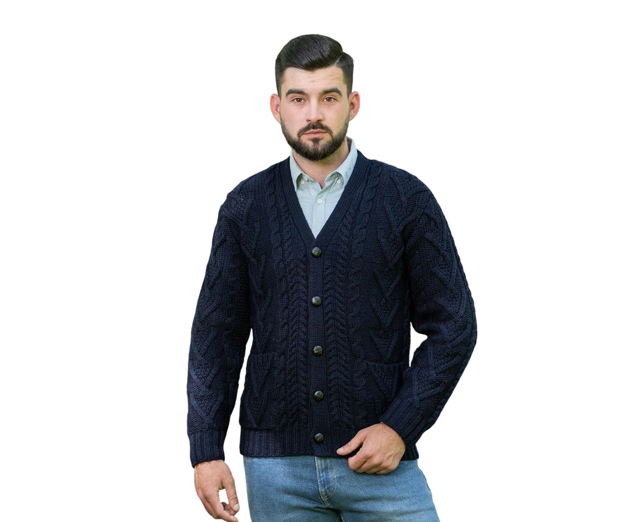saol 100% Merino Wool Men's Aran Cable Knit V Neck Casual Irish Cardigan with Buttons and Pockets-picture-11
