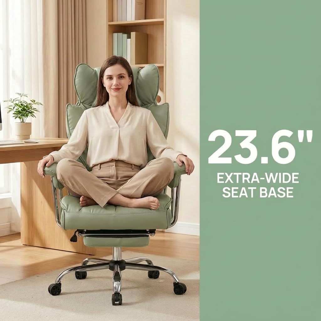 Big and Tall Office Chair 400lbs - Heavy Duty Executive Desk Chair with Footrest, High Back PU Leather Ergonomic Computer Chair with Extra Wide Seat & Thick Cushion for Home Office (Green)