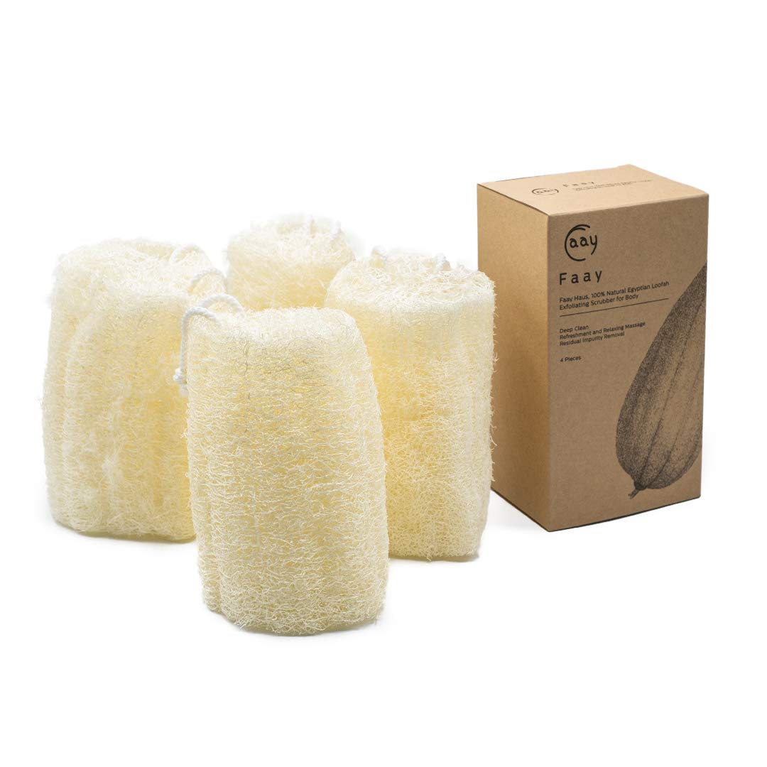 FAAY 4 Pcs Natural Exfoliating Loofah Sponge: 6" Eco-friendly Unbleached Luffa Body Scrubber Rejuvenating Your Skin for Men and Women. Paraben Free Bath Sponge, Shower Loofah