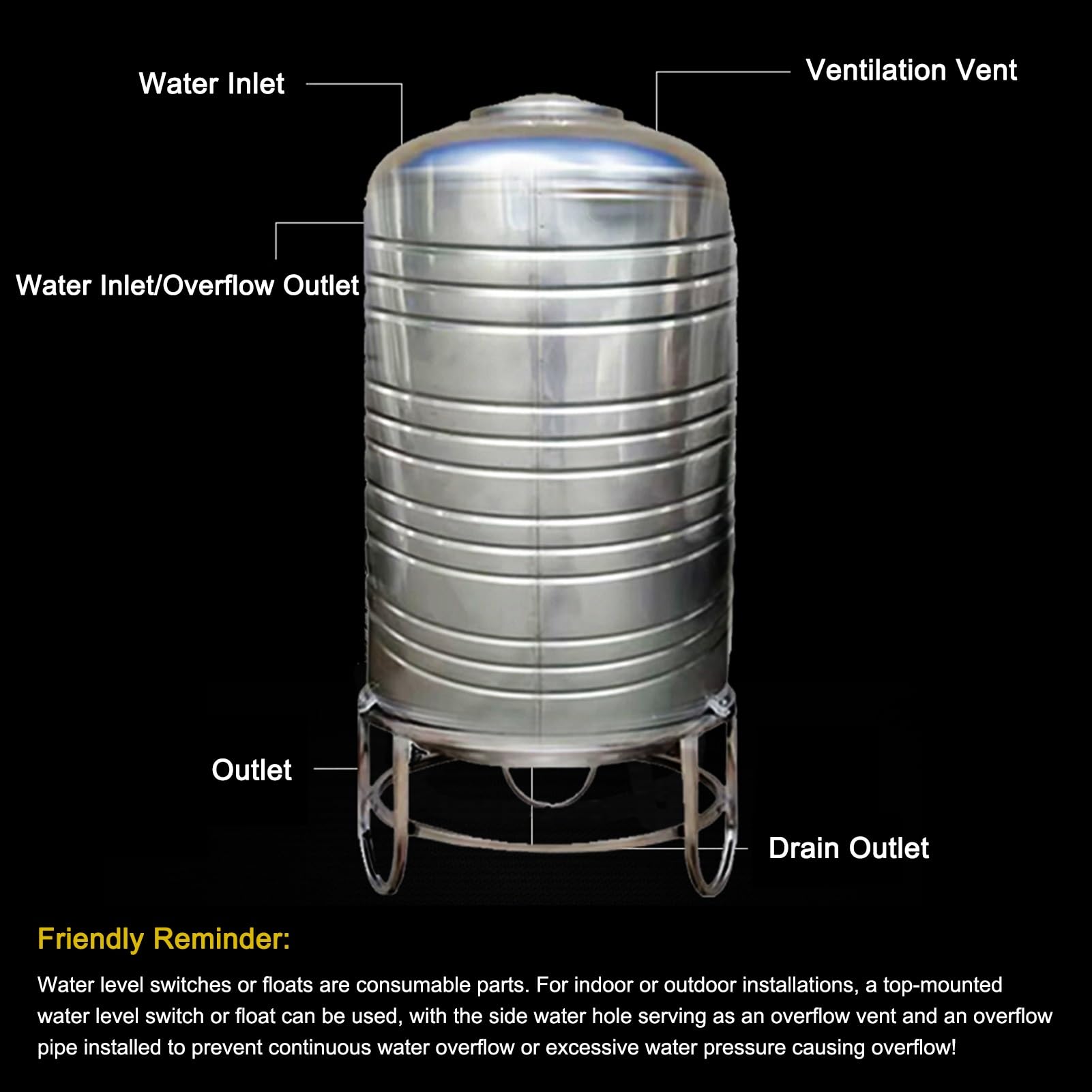 Serbatoio di stoccaggio dell'acqua dell'acciaio inossidabile, contenitore verticale con lo sbocco per l'irrigazione del giardino all'aperto