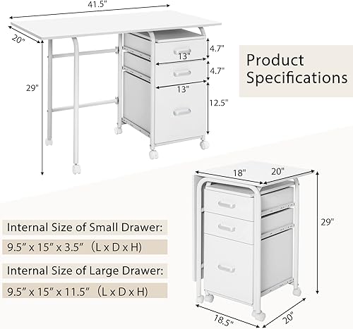 Miniatura 3 de Escritorio plegable para computadora con 6 ruedas, escritorio plegable de acero moderno de 41.5 pulgadas para oficina en casa con 3 cajones de