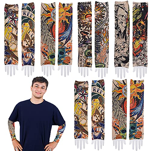 ArtCreativity Vintage Print Tattoo Sleeves, 12 Pairs, Fake Tattoos for Kids and Adults, Temporary Tattoo Arm Sleeves Made of Soft Fabric, Rockstar Halloween Costume Accessories for Boys and Girls