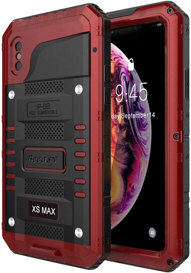 BeeasyCase for iPhone XS Max,Tough Waterproof Heavy Duty Metal Defender Cover with Built-in Screen Military Grade Protective,Drop Proof Shockproof Rugged Hybrid Outdoor Sport Protection,Red