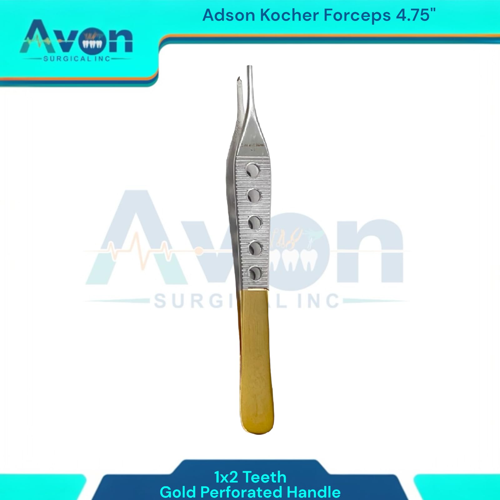 Set of 4 Perforated Handle Adson Forceps 12cm (4.75in) 1x2 Teeth + Serrated Rainbow Titanium Finish & Gold Handle - German Stainless Steel