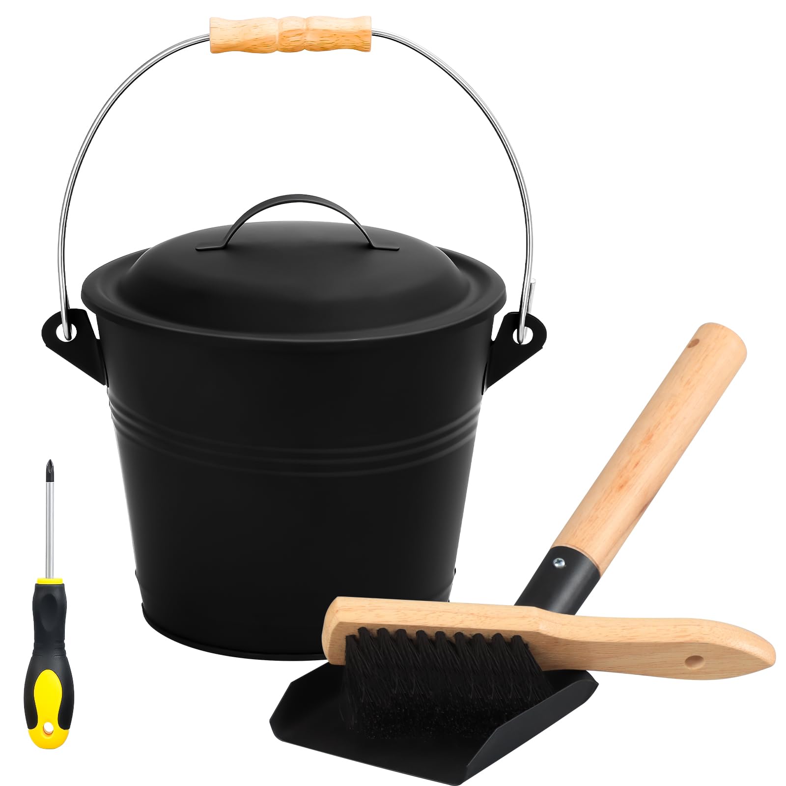 Mini cubo de cenizas con tapa, pala, escoba y destornillador, cubo de metal para chimenea de 1.3 galones, cubo de carbón de pellets para cenizas para chimenea, chimenea, estufas de leña 7