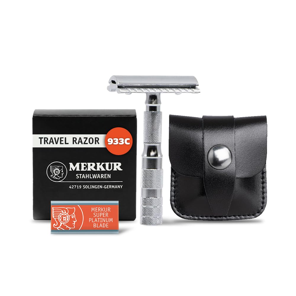933C Travel Double Edge Safety Razor with Leather Case, Three-Piece Compact Design, Closed Comb, Bright Chrome Finish, Made in Germany