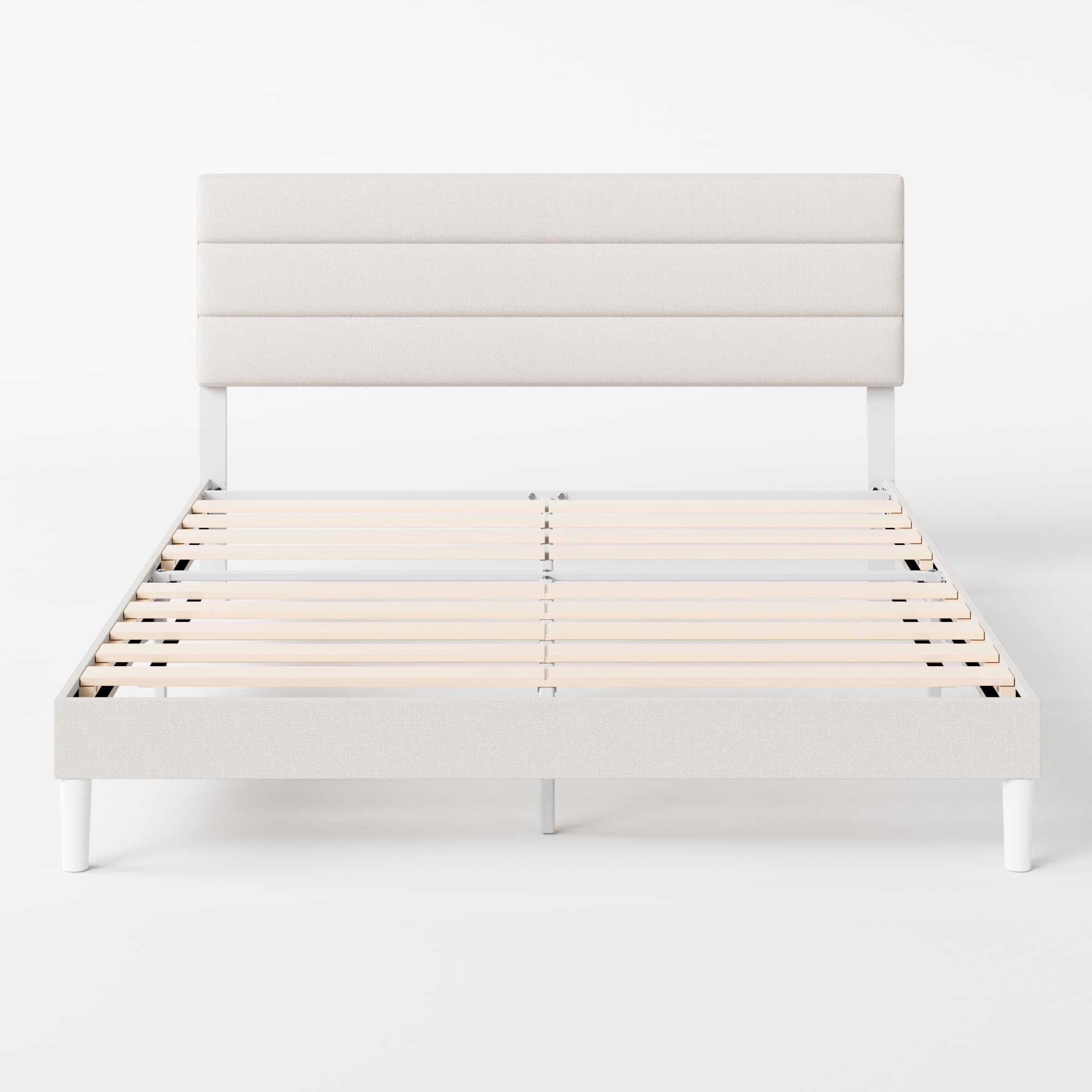 Zinus Piper Struttura Letto 160x190 cm con Testiera - Altezza 30 cm - Letto Matrimoniale Imbottito con Rete a Doghe in Legno - Facile da Montare - Bianco Sporco
