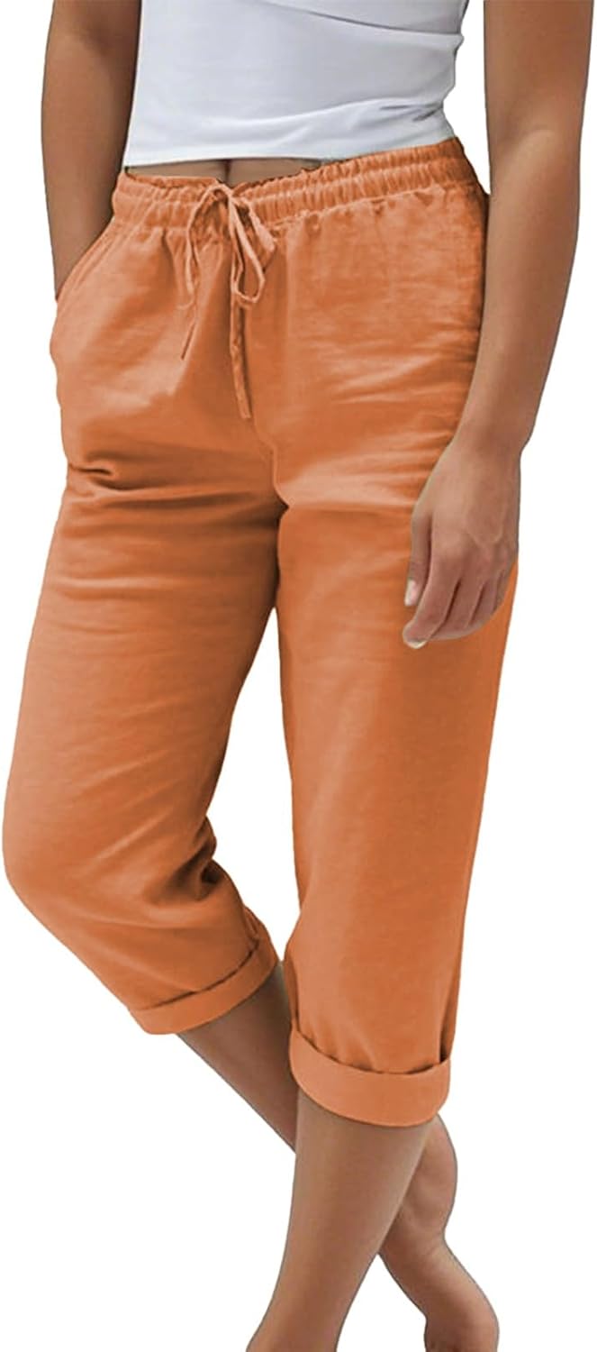 Damen Leinen Hose Sommer 2025 - Bequeme Dreiviertel Strandhose Mit Taschen