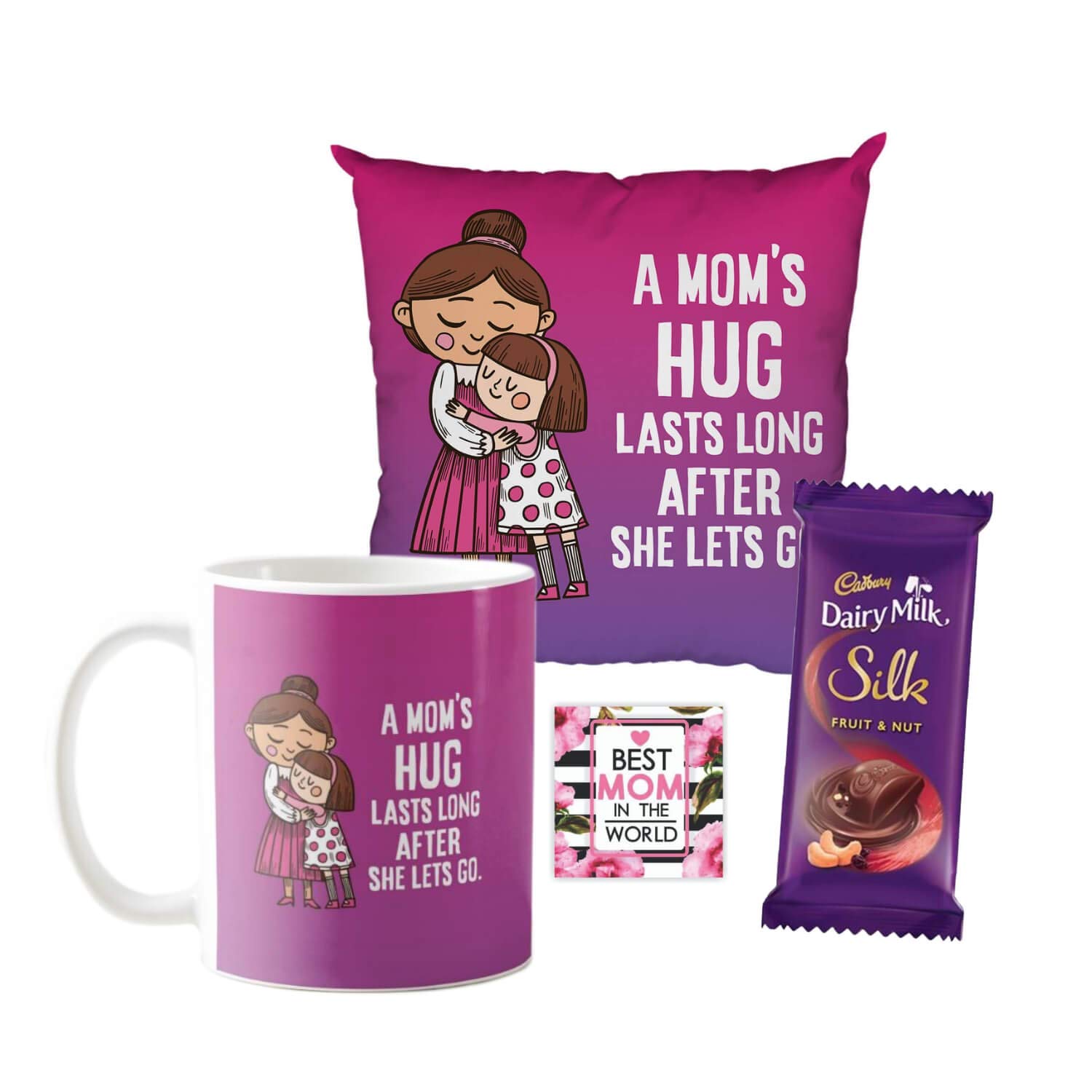 YaYa cafe™ Mother's Day Chocolate Gifts Combo for Mom Hug Lasts Long After She Lets Go Mug, Cushion Cover, 1 Dairy Milk Silk 60 gm, with Coaster-image-4