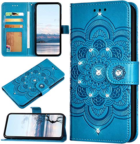 Robinsoni Case Compatible with Samsung Galaxy A70S Shiny Case Sparkle Glitter PU Leather Wallet Cover Lavish Bling Diamond Embossed Mandala Printed Book Case Folio Flip Glossy Magnetic Case Blue