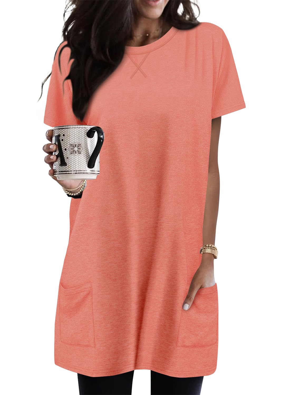 KISSMODA Womens Summer Tunic Tops for Leggings Casual Short Sleeve Long Shirts with Pockets