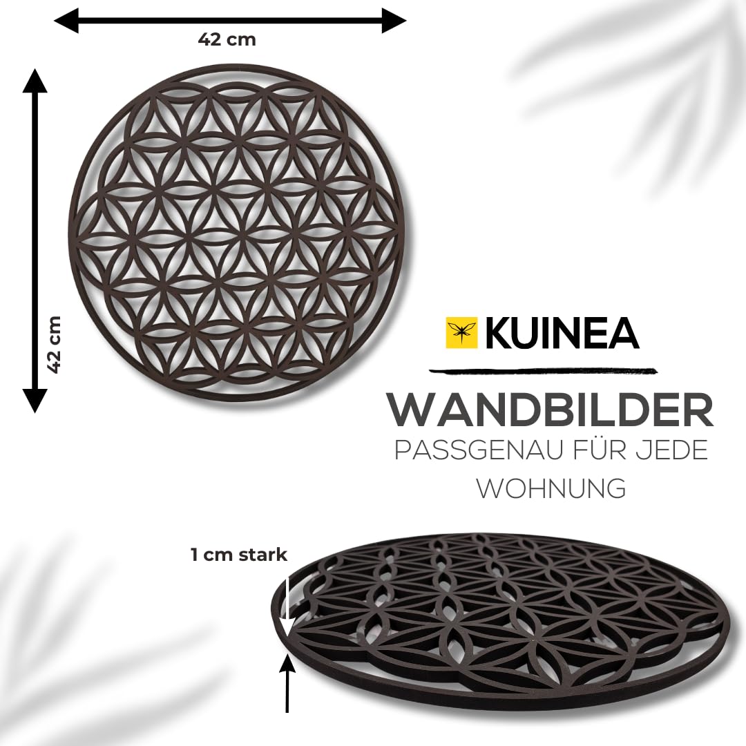 KUINEA® Wandbild Blume des Lebens Ø42cm – Runde Holz Wanddeko in Anthrazit für Wohnzimmer, Schlafzimmer, Büro | Design-Deko als Geschenkidee mit Lebensblume Motiv