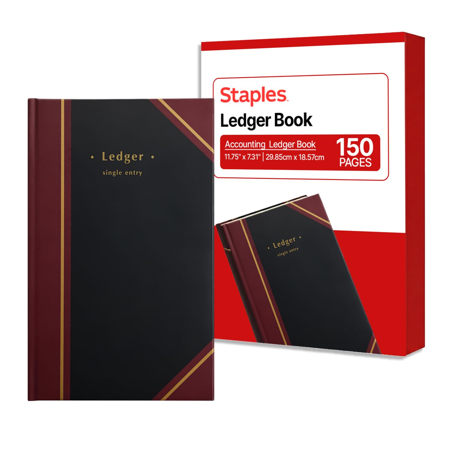 STAPLES Ledger Book, Black Record Book, 11-3/4" x 7-5/16", Accounting & Bookkeeping Log Book