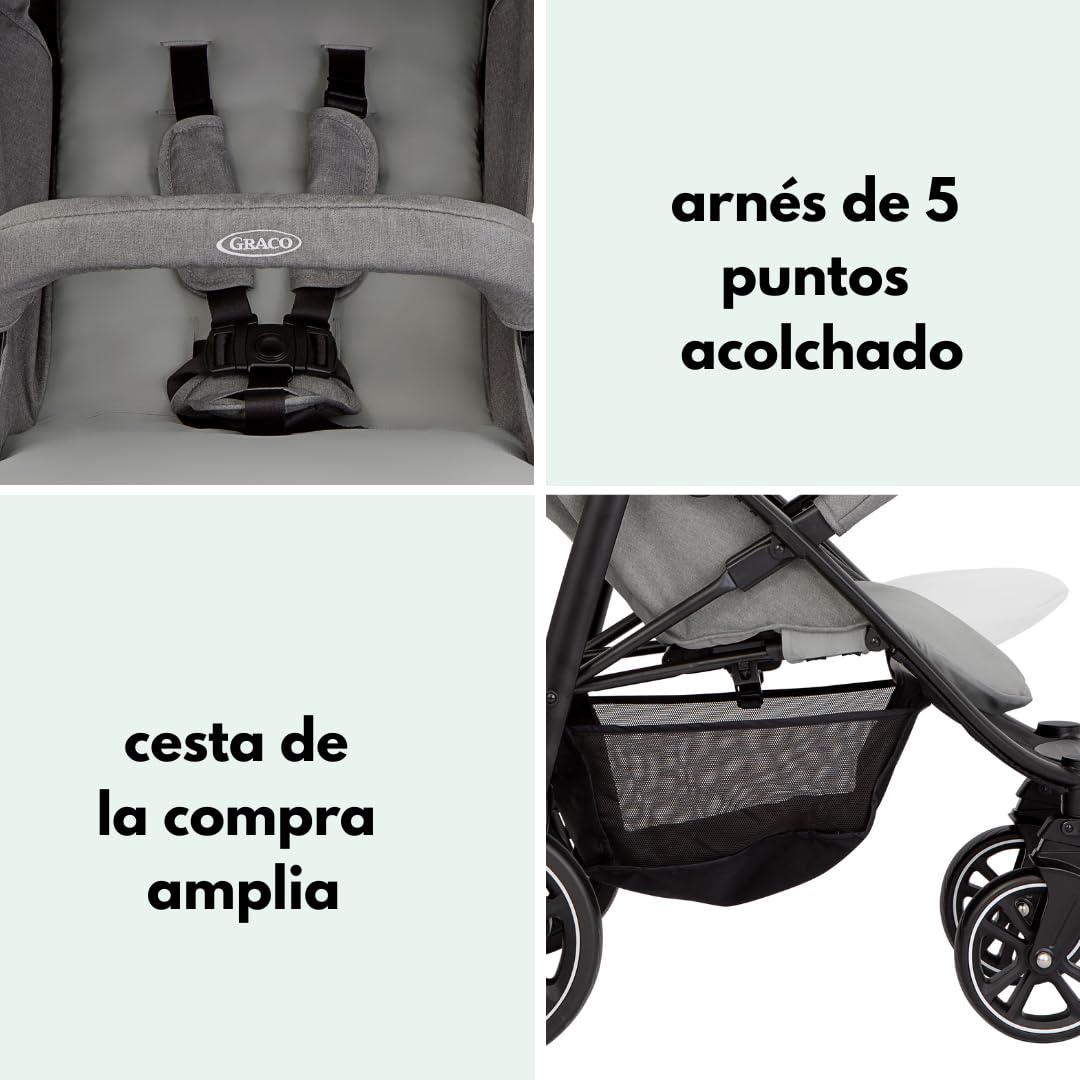 Graco EezeFold DLX Buggy Carrito Bebé Ligero de Viaje | Silla de Paseo con Plegado a una Mano - Suspensión en 4 Ruedas - Reclinado Total y Cesta Grande - Gris Lunar
