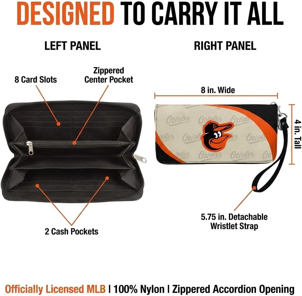 Littlearth MLB Baltimore Orioles Curve Zip Organizer Wallet, Wristlet and Wallet in One, Team Color, 8 x 4 x 1 Inches