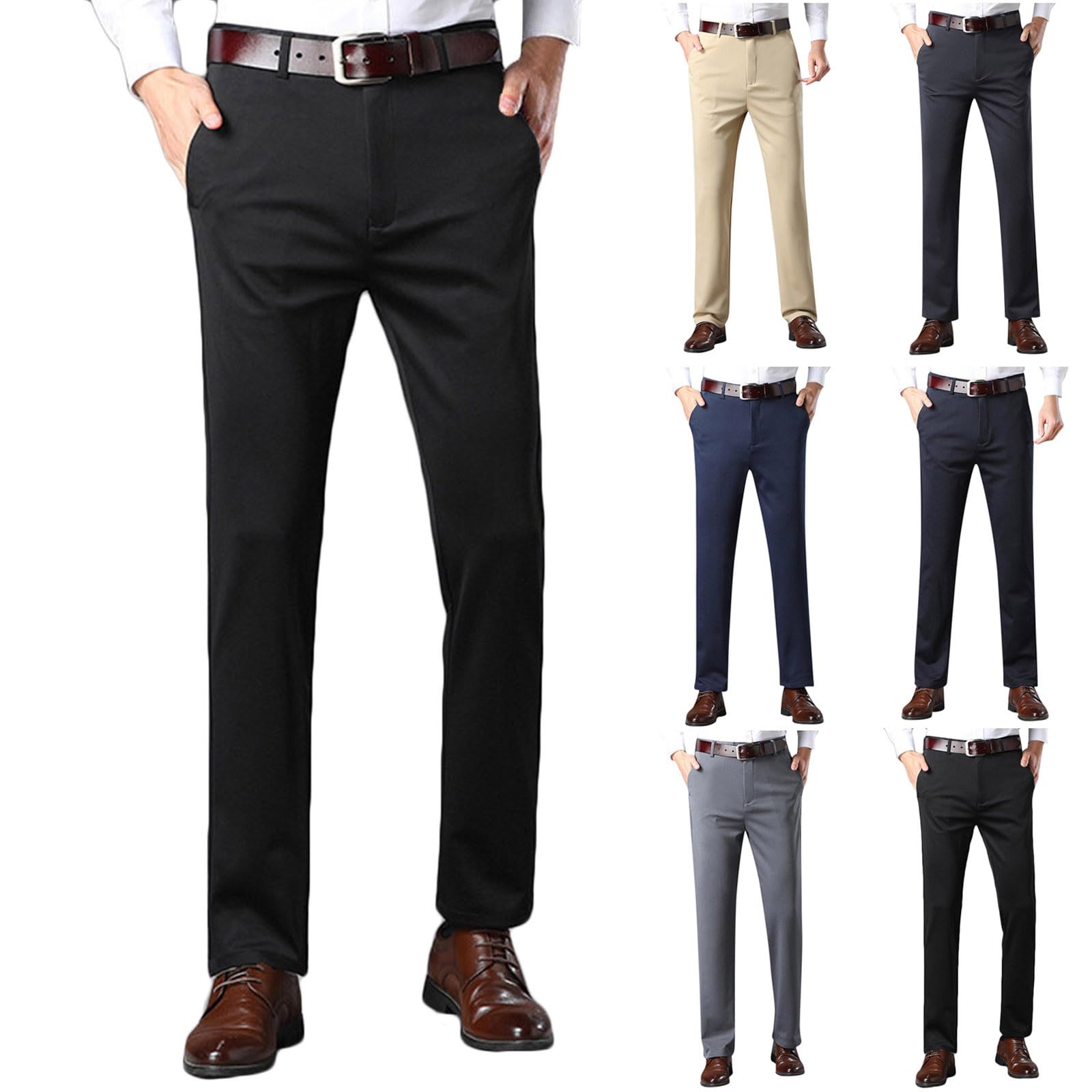 Mens Classic Fit Flat Front Dress Pants Straight Business Casual Stretch Suit Pants Work Formal Trousers with Pockets