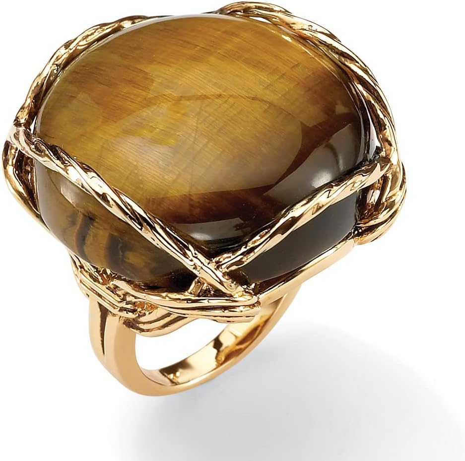 14K Yellow Gold Plated Genuine Brown Tiger's Eye Pillow Ring