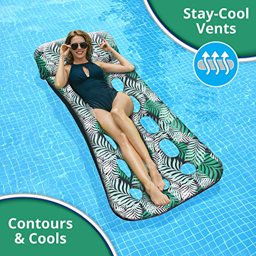 Aqua 18-Pocket Inflatable Contour Lounge, Luxury Fabric, Suntanner Pool Float, Heavy Duty, Teal Ferns #TOP3