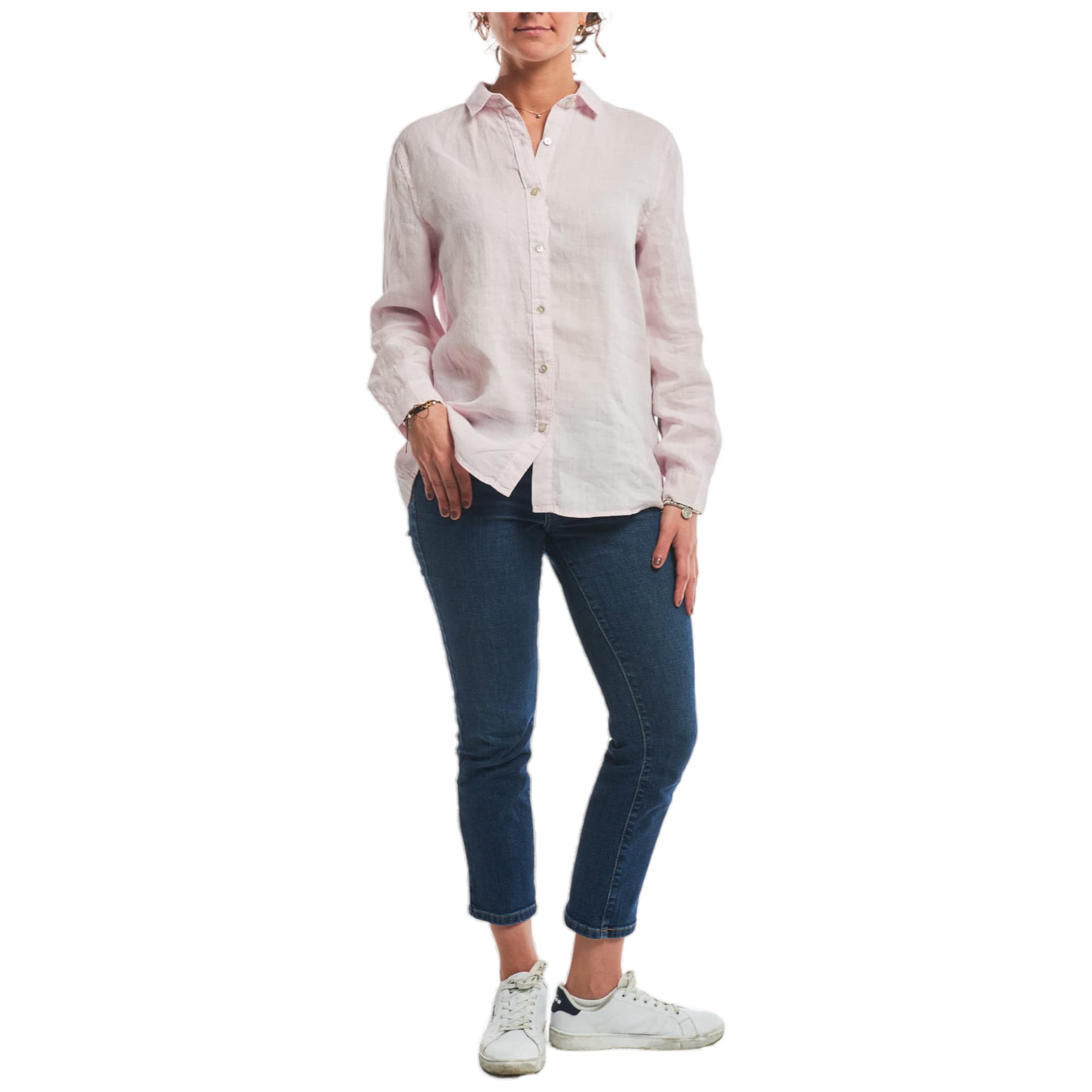 Camicia da Donna in Puro Lino, Elegante Bottoni Davanti, Collo Classico, dalla S alla XXL, in Cinque Fantasie o Tinta Unita, Bianca, Beige, Rosa, Blu, A Righe