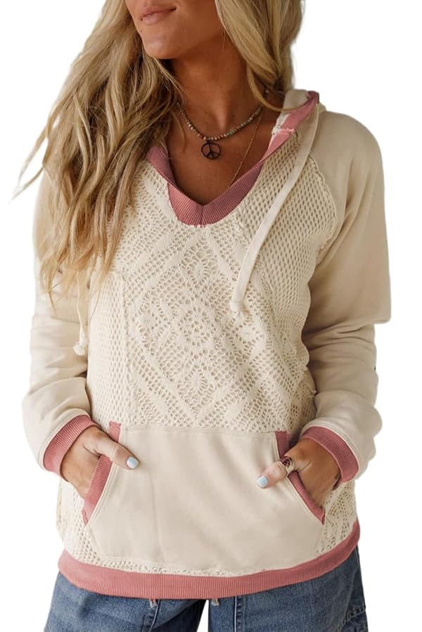 VibrantTSing Chic White Hoodie with Contrast Trim – Exposed Seam Crochet Knit for Daily Wear, L by VibrantTSing - Used condition - US$15.06