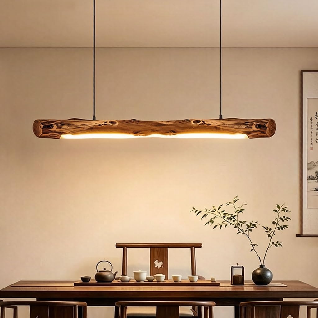 Suspension En Bois LED Lustre Vintage Plafonnier Suspendu Pour Table Suspension Linéaire Hauteur Réglable Luminaire Suspendu Îlot Cuisine Pour Salle À Manger Salon Salle De Thé(120cm)