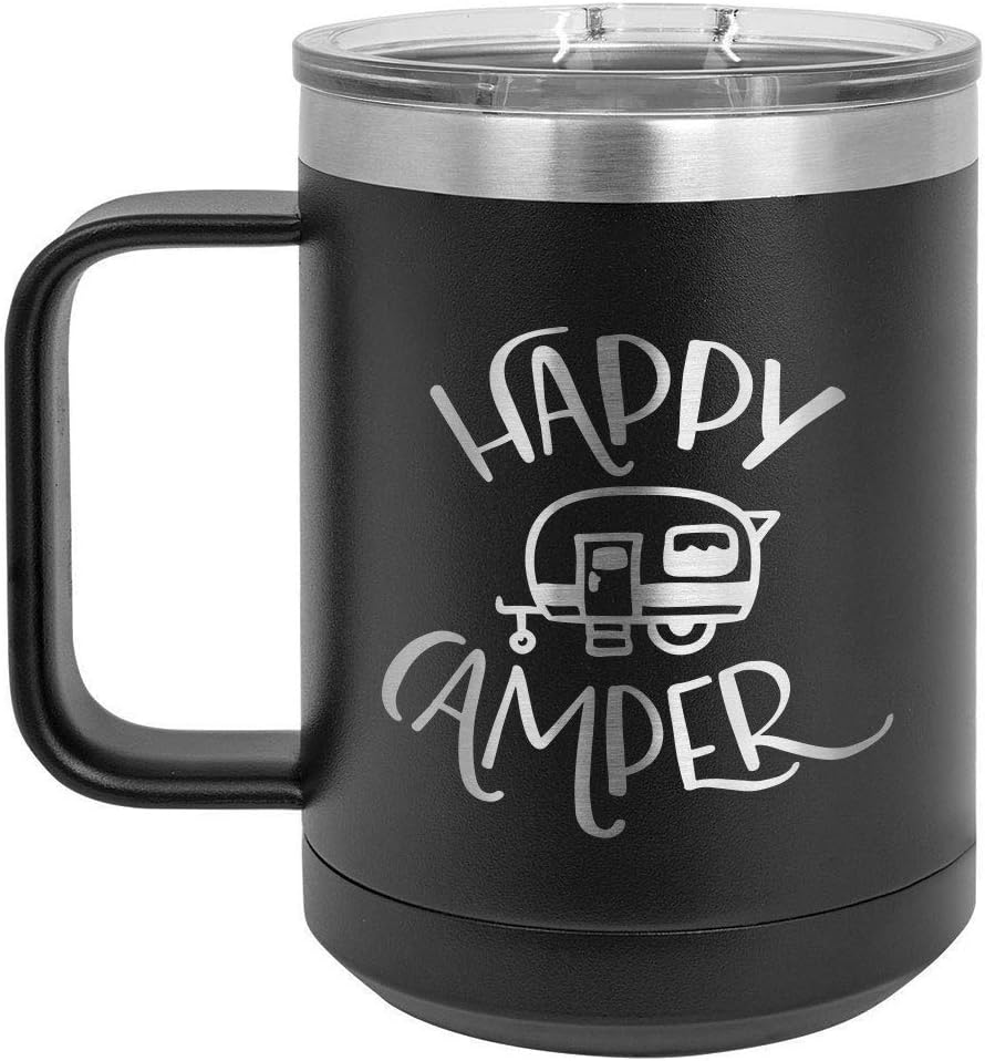 HAPPY CAMPER Yellow 15 oz Coffee Cup w/Slide Top Lid | Insulated Travel Coffee Mug | Birthday Or Christmas Gift Ideas From Women or Men | Compare To Yeti Rambler | ONLYGIFTS.COM