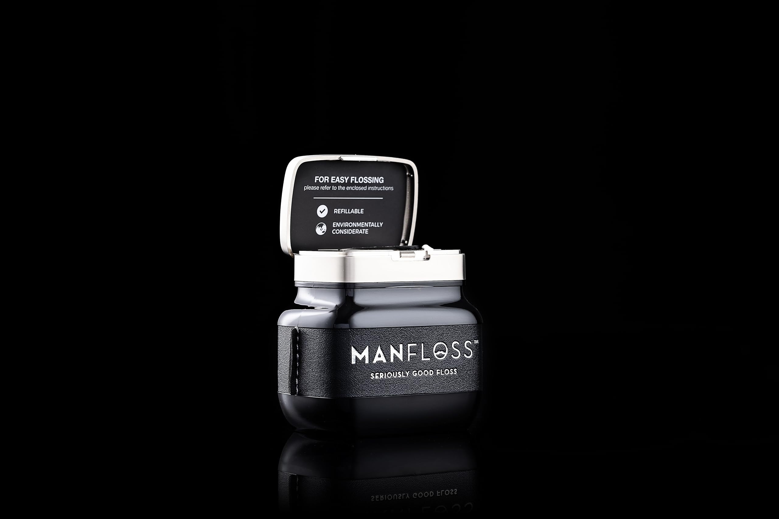 Manfloss Refillable Dispenser with 2 x 54 Yard Roll of Black Dental Floss Tape – Easy, Comfortable, Fun & Effective Flossing, PFAS-Free, Vegan-Friendly, Fresh Mint Flavour. Seriously Good Floss