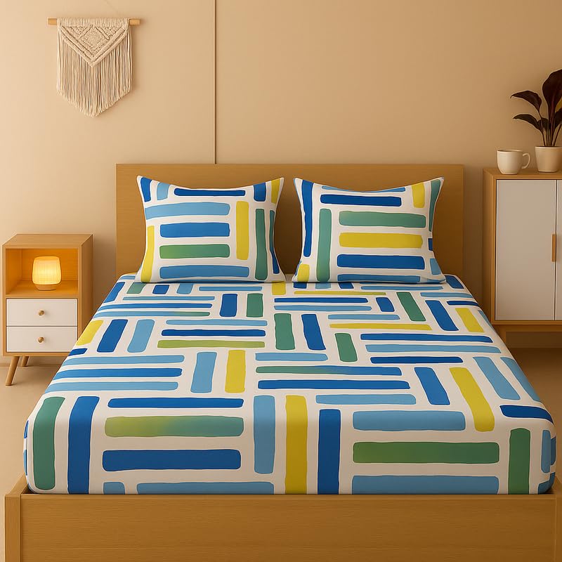 Image of NEW LEAF 320 TC Cotton All Around Elastic Fitted Printed Bedsheets King Size, Premium Fitted Bedsheets King Size for Double Bed with 2 Pillow Covers, Size- 78 inch x 72 inch Blue White