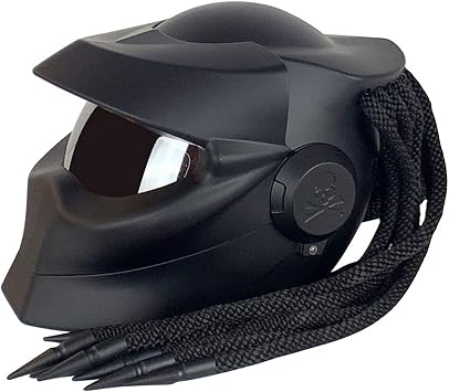 Predator Motorcycle Helmet, Personality Full Face Flip Open Motorcycle Helmet Mask with Hair Braid And LED Light for Outdoor Riding Or Club Parties And Cosplay Prop, DOT,Bright Black,L