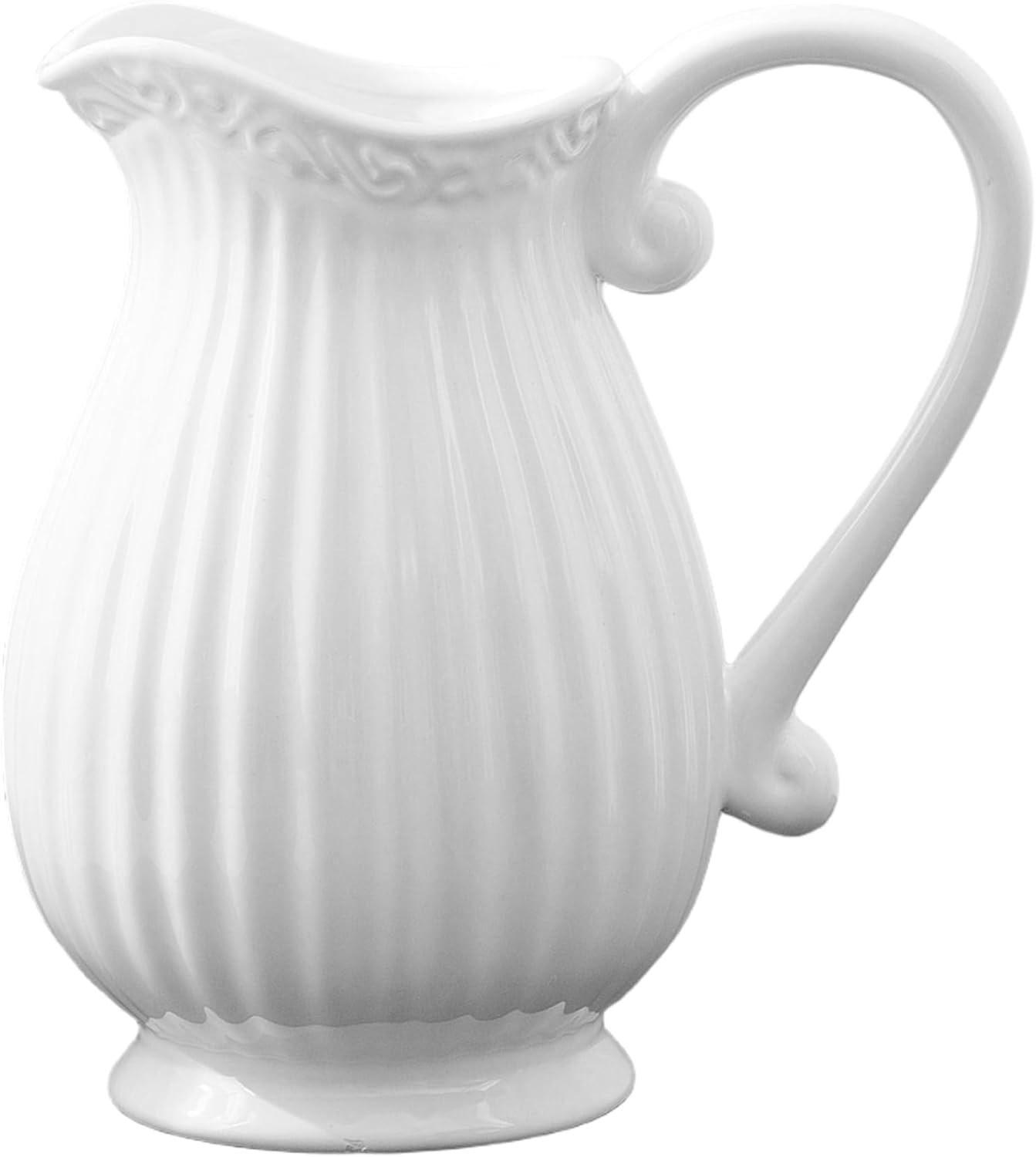 White Ceramic Pitcher Vase 7.9x7.9in with Handle, Vintage Non-Slip Decorative Pitcher for Flowers, Rustic Farmhouse Table Decor for Home Office