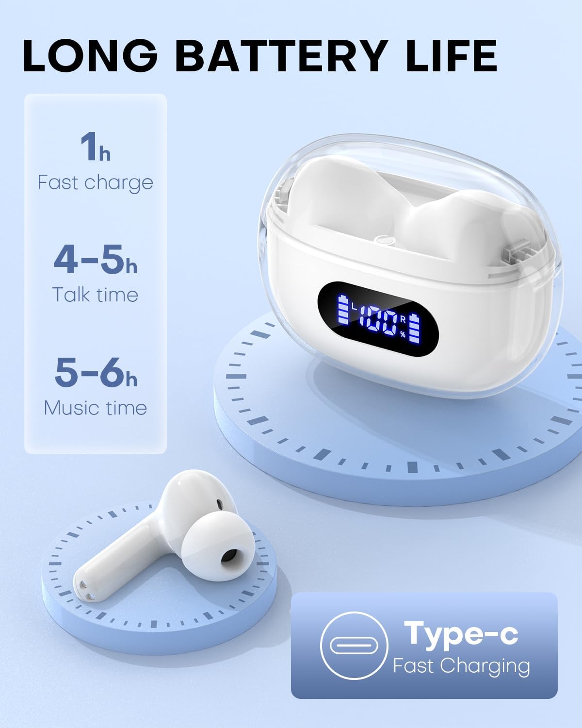 Translucent Wireless Earbuds with Cool Case, Bluetooth Headphones Clear Call, IPX7 Waterproof Ear Buds Wireless Earphones, 30H Long Playtime Compatible with Samsung TV Phone Android
