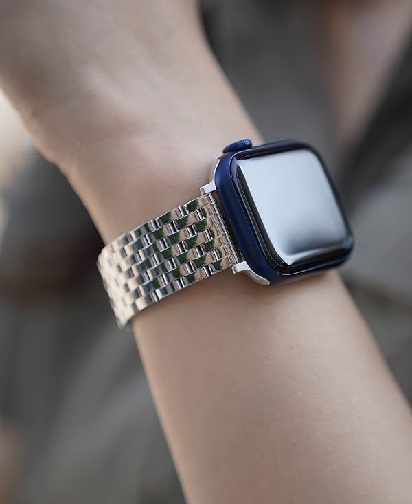 Seven-link Watch Bands for Apple Watch 11,10,Se,9,8,7,6,5,4,3,2,1 for Women, Dressy Stainless Steel Metal Band for Apple Watch 40mm 41mm 42mm 38mm for iWatch, Silver by Memori Planet - Used condition - Image 6