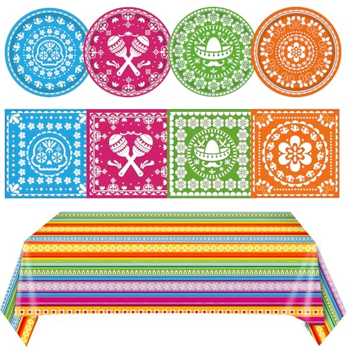 Image of 81PCS Mexican Fiesta Party Decorations Mexican Cinco De Mayo Party Decorations Supplies Mexican Disposable Paper Plates Napkins Mexico Plastic Tablecloth Fiesta Ware Dinnerware for Taco Party Decor