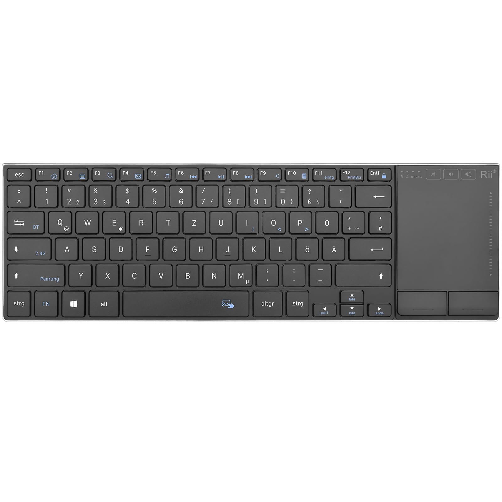 Rii Kabellose Tastatur mit Touchpad Büro, Wireless Keyboard Office, Deutsche QWERTZ-Layout, Tastatur Kabellos Geschenke für Laptops, Desktops, Smart-TVs, Tablets, Schwarz (2.4G+BT)