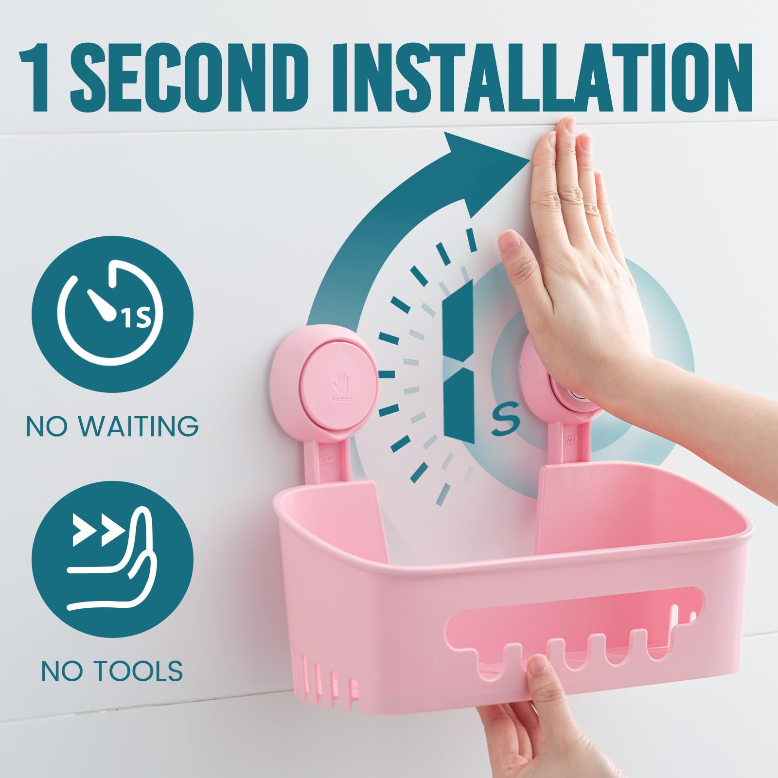 TAILI Suction Shower Caddy, Wall Mounted Bath Organizer Shelf for Shampoo Body Wash, Plastic Shower Rack, Drill-Free Removable, Pink - Image 2