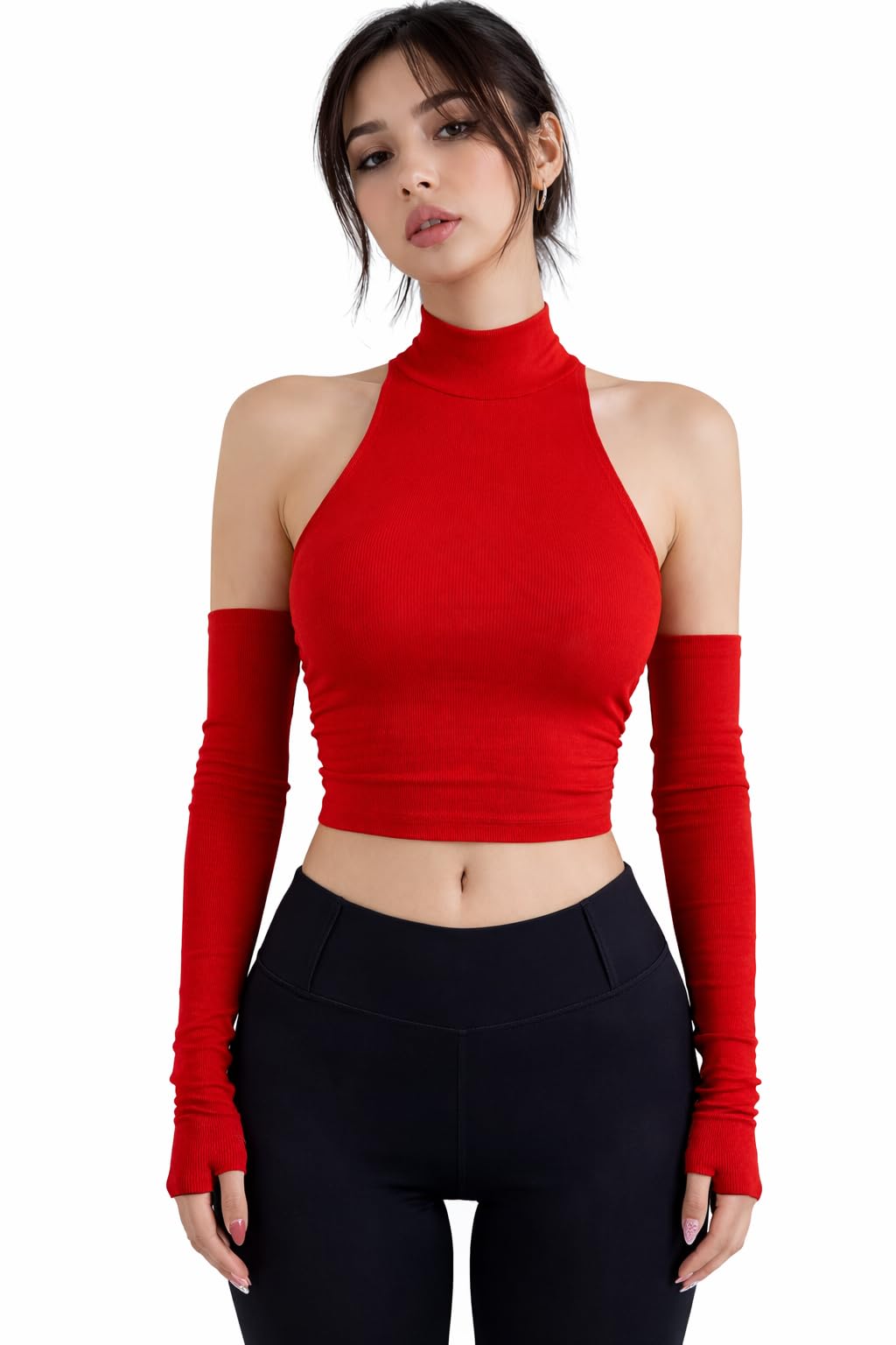 Women Rib High Neck Halter Crop Top with Detachable Arm Sleeves, High Stretch Slim Fit Tank Top, Long Sleeve Off Shoulder Party Clubwear Top 100% Cotton-picture-11