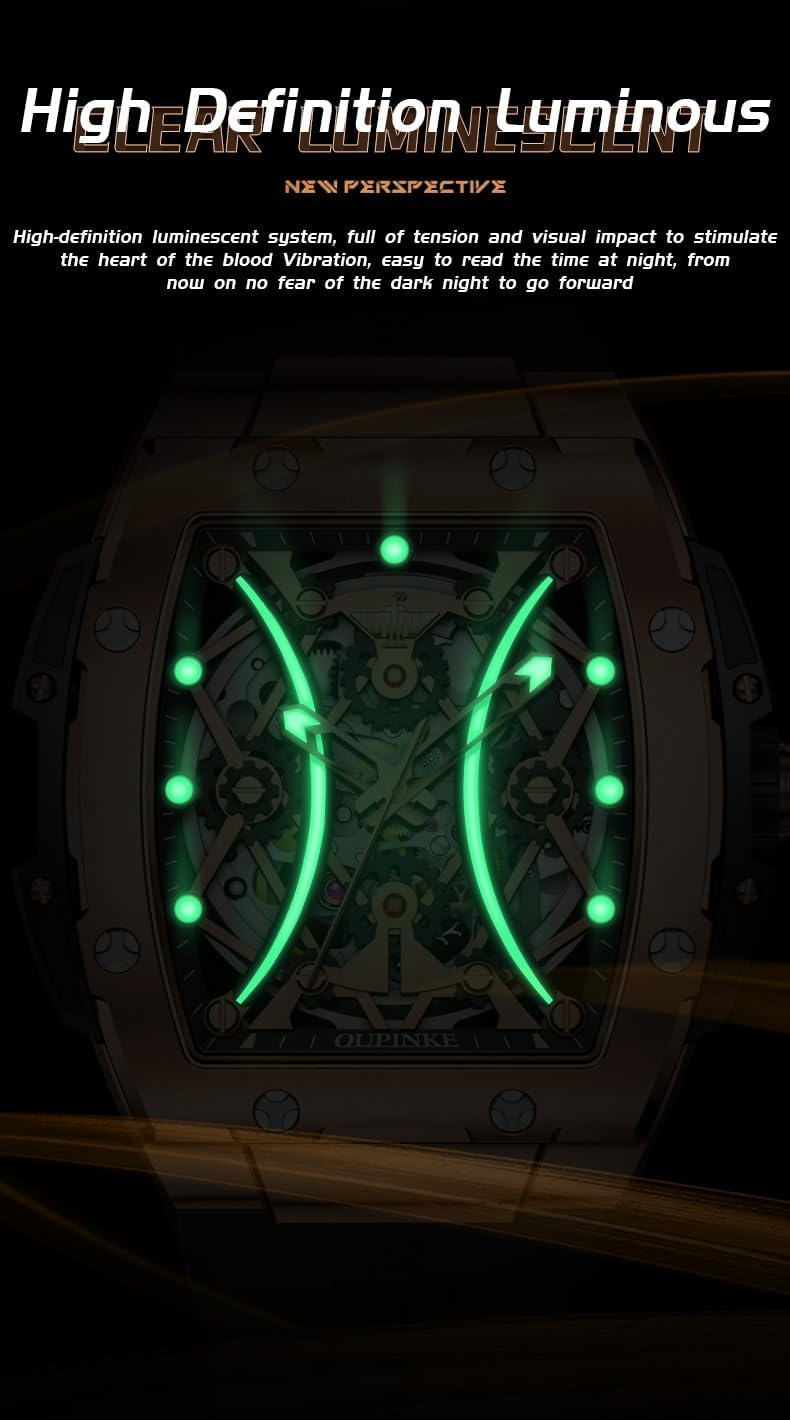 OUPINKE Watch Men Self Winding Luxury Skeleton Mechanical Business Dress Square Wrist Watches Calendar Black Watches - Image 4