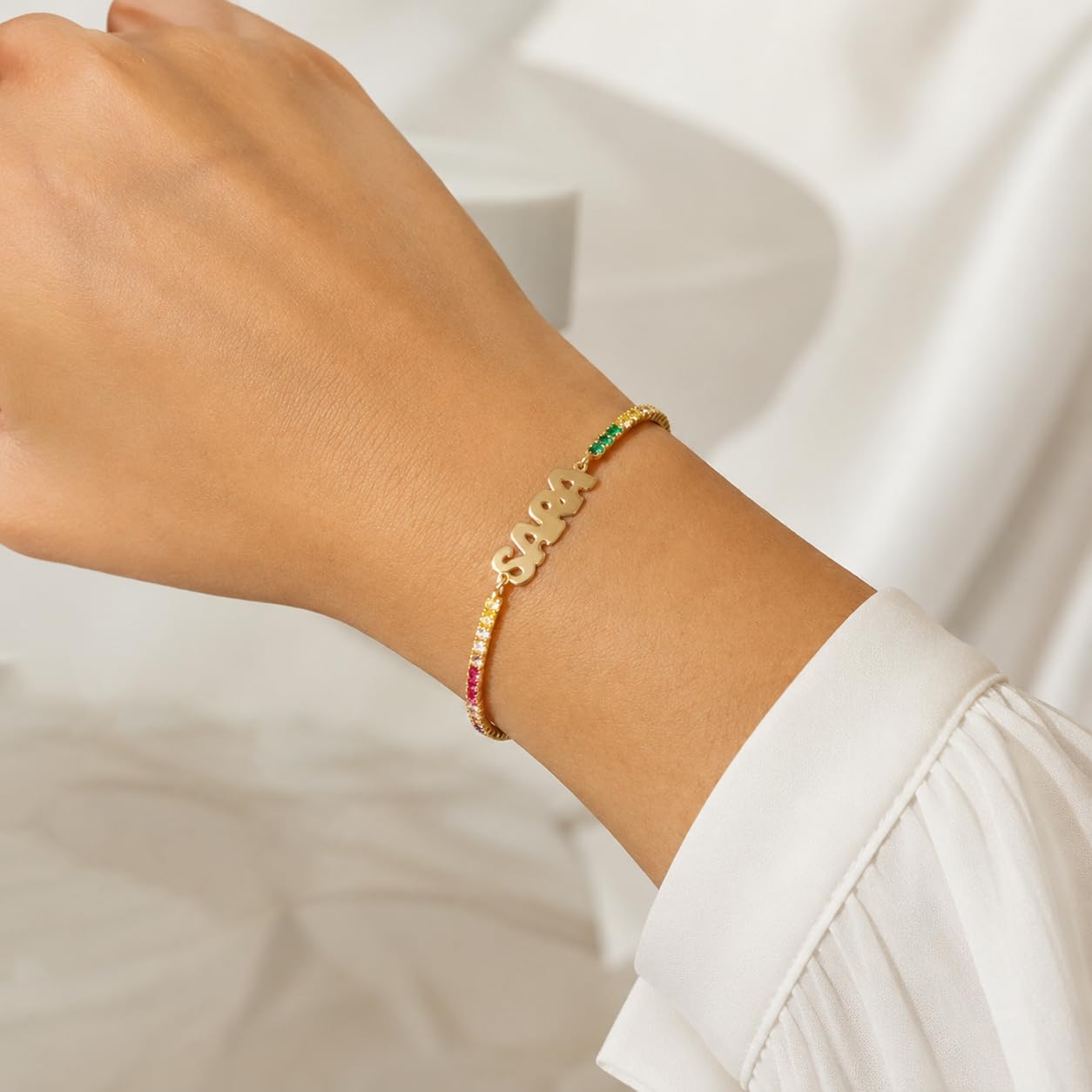 Sakrami Bracciale con Nome Tennis Personalizzato Stampatello Argento 925 Rodiato o Placcato Oro con Zirconi Bianchi Rosa Multicolor, Regalo Donna Ragazza Laurea Compleanno Comunione