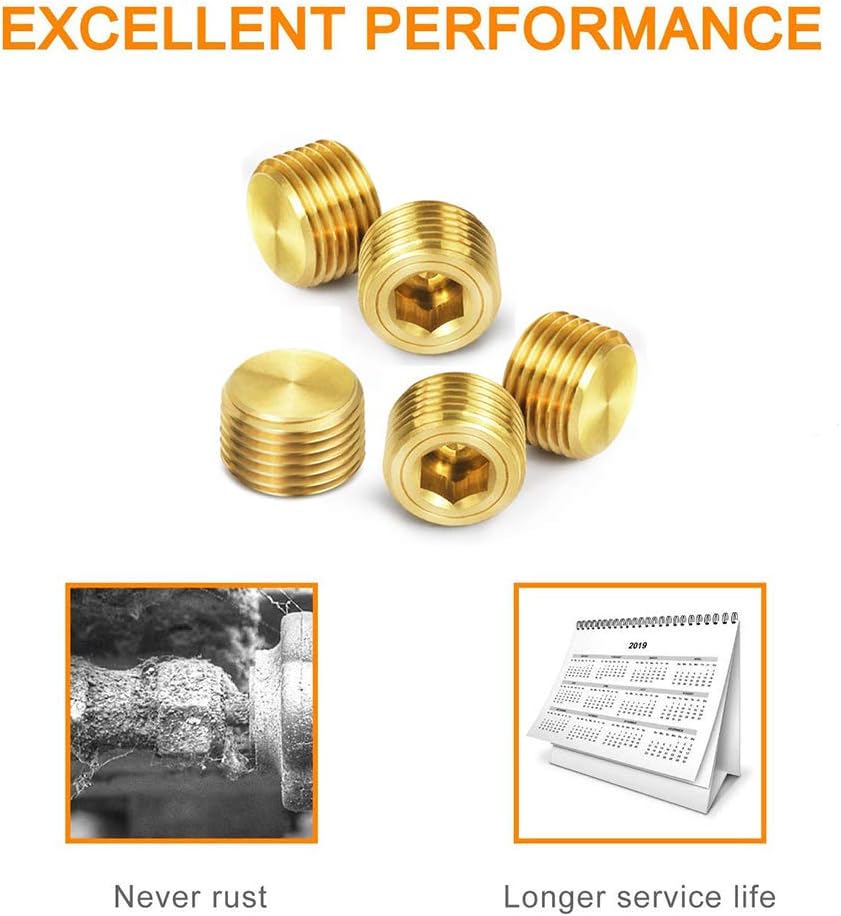 1/8" NPT Plug Brass Pipe Fitting Countersunk Thread Internal Hex Head Style Male (1/8 inch NPT Plug, 5)