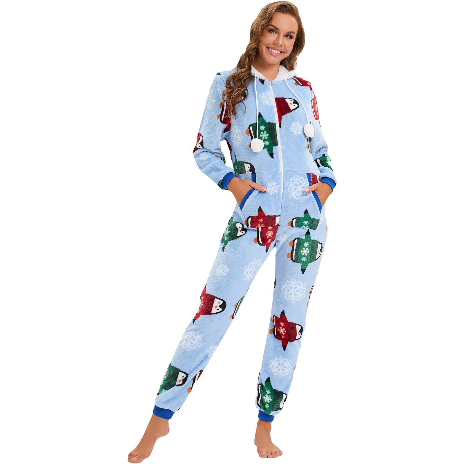 Tuta da donna invernale natalizia, calda, tuta intera per adulti, cosplay, onesie, con cappuccio, morbida, con chiusura lampo
