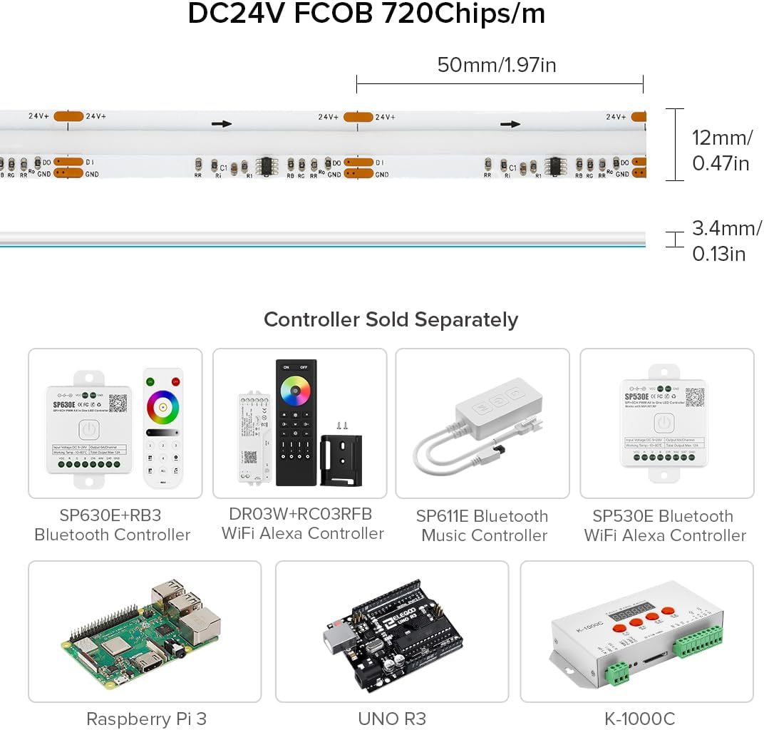 BTF-LIGHTING FCOB WS2811 IC RGB COB LED Strip DC24V 720LED/m 16.4FT Flexible High Density Uniform Chasing Color Light 20IC/m 12mm Width Light for Home Indoor Decor(No Adapter or Controller) - Image 5