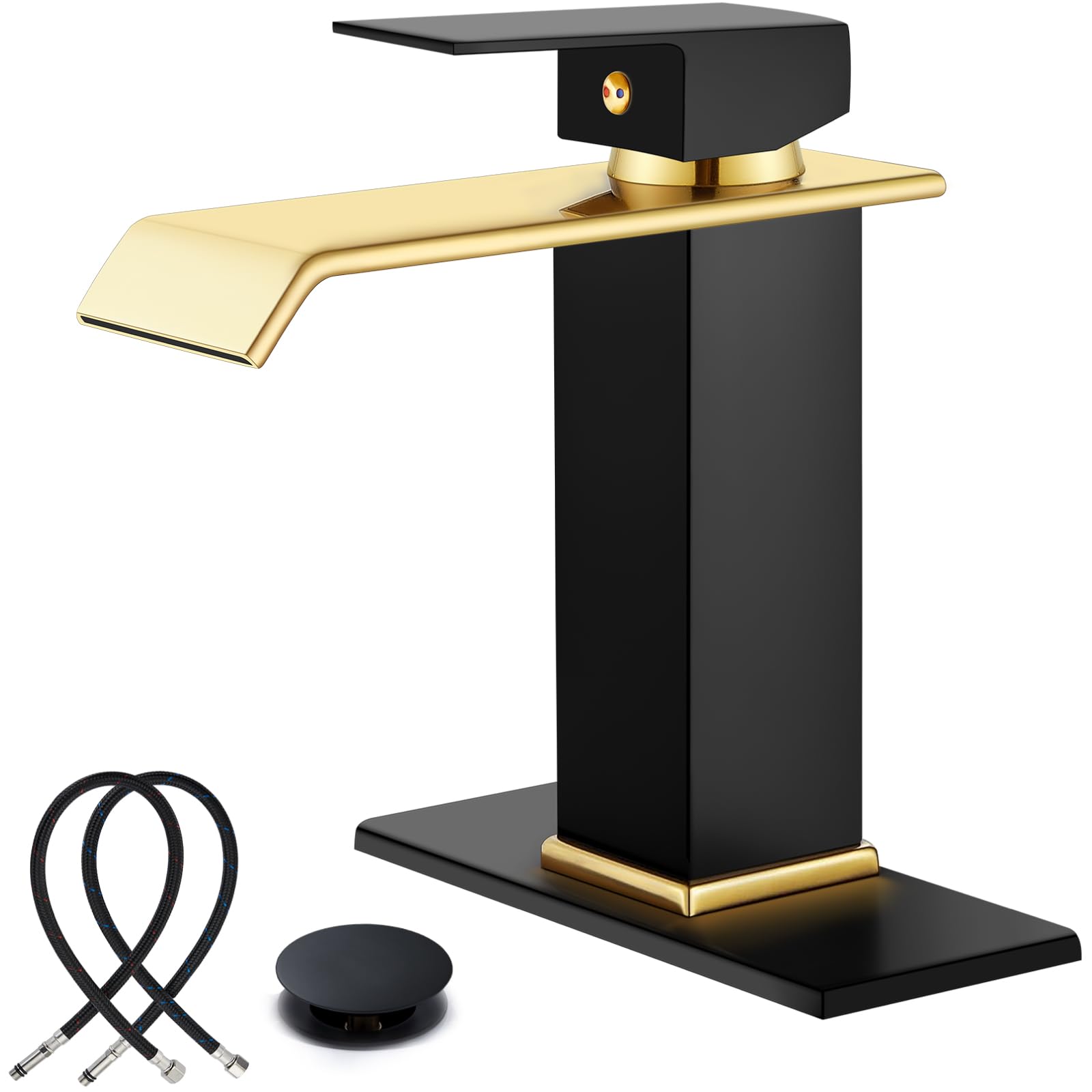 Rubinetto da bagno a cascata, rubinetto monocomando a 1 foro per lavabo, moderno, per camper, bagno, toilette, con scarico a scomparsa e tubi di alimentazione dell'acqua, nero opaco e oro lucido