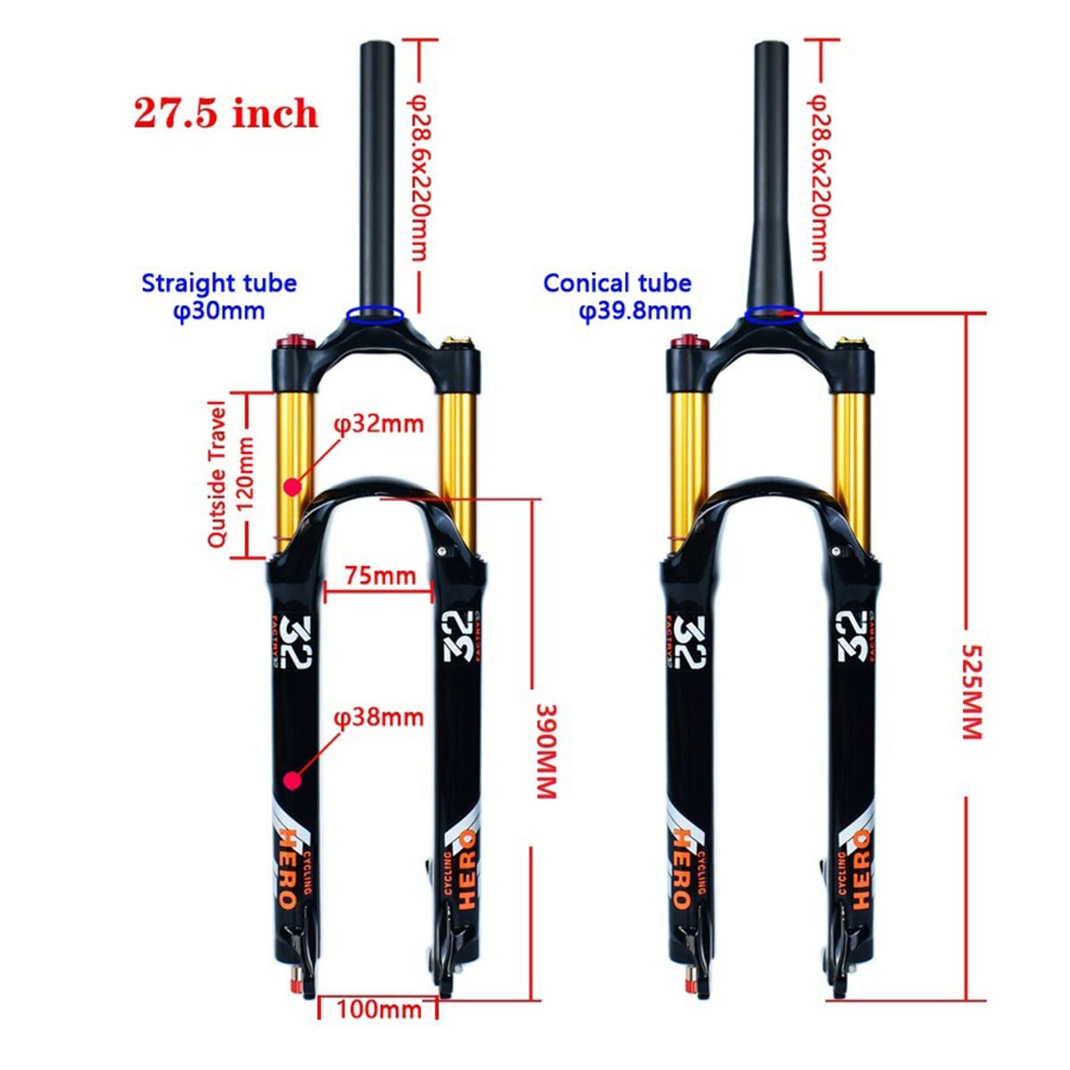 Widelec pneumatyczny MTB 26/27,5/29'' zawieszenie roweru górskiego 100 mm podróż odbicie regulowane 1-1/8 1-1/2 hamulec tarczowy przedni QR 9 mm HL/RL (kolor: prosty pilot, rozmiar 27,5