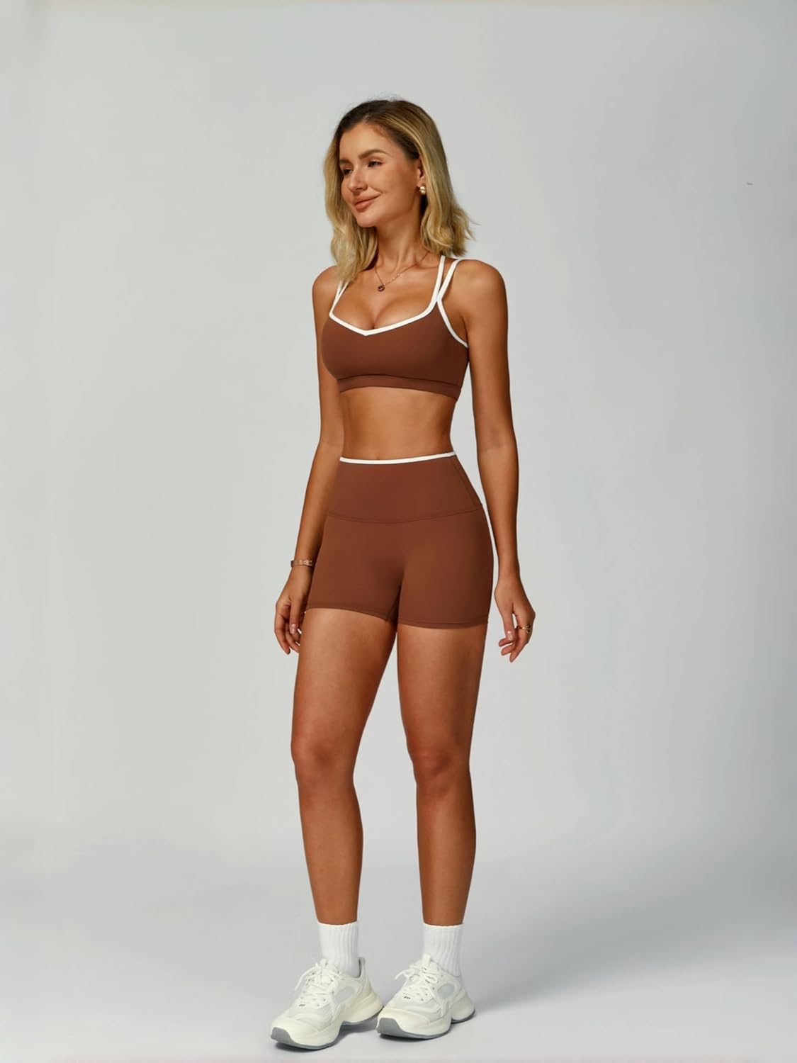 ABOCIW Workout Sets for Women 2 Piece Color Block Strappy Sports Bra High Waist Shorts Gym Yoga Pilates Outfits - Image 5