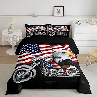 American Flag Comforter Set Queen Size,Dirt Bike Motorcycle Bedding Set 3pcs for Kids Teens Adult Room Decor, Eagle Animal Quilt Set Black Solemn Duvet Insert with 2 Pillowcases